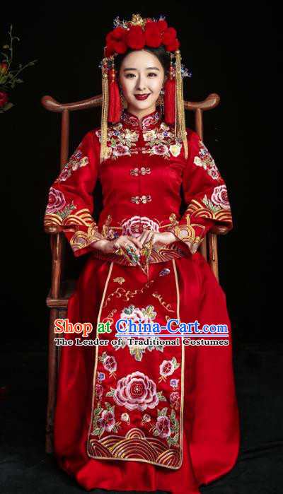 Chinese Traditional Xiuhe Suits Ancient Bride Embroidered Peony Red Bottom Drawer Wedding Costumes for Women