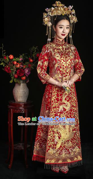 Chinese Ancient Wedding Costume Bride Embroidery Toast Clothing, Traditional Delicate Embroidered Red Xiuhe Suits for Women