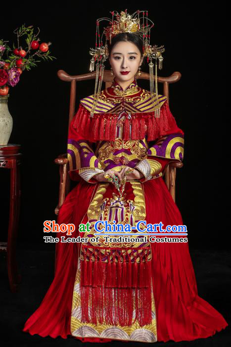 Chinese Traditional Toast Red Tassel Xiuhe Suits Ancient Bride Embroidered Bottom Drawer Wedding Costumes for Women