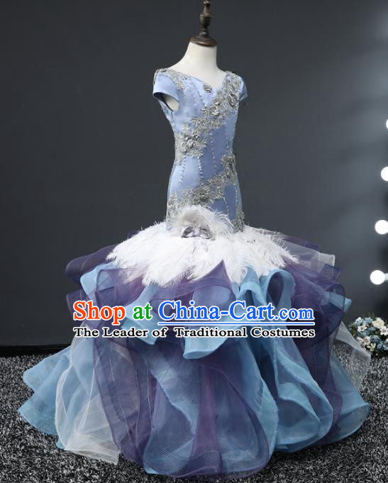 Children Stage Performance Costumes Blue Mermaid Dress Modern Fancywork Full Dress for Kids