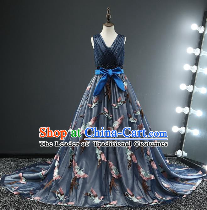 Children Stage Performance Costumes Ballroom Waltz Dance Blue Dress Modern Fancywork Full Dress for Kids