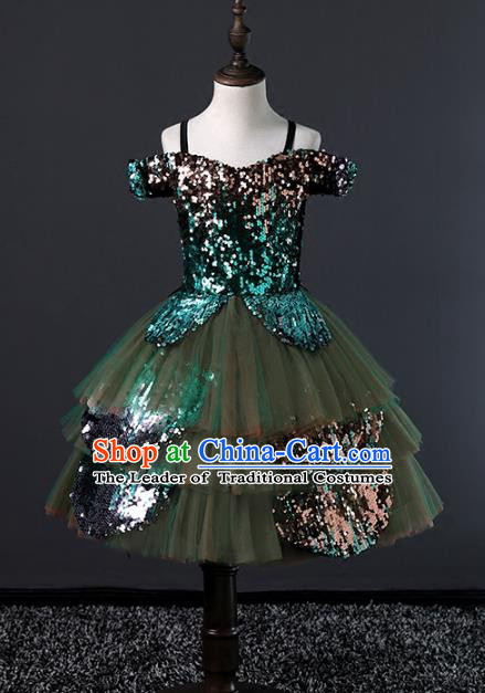 Children Stage Performance Costumes Green Bubble Evening Dresses Modern Fancywork Full Dress for Kids