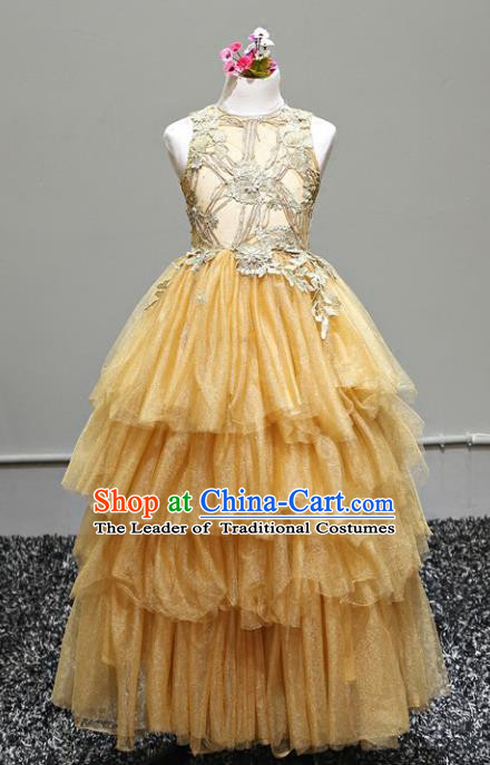 Top Grade Stage Performance Costumes Yellow Bubble Dress Modern Fancywork Full Dress for Kids