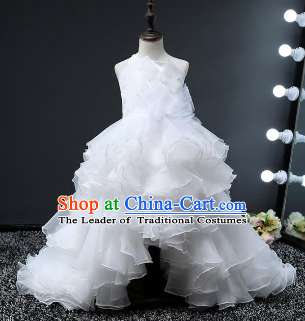 Top Grade Stage Performance Costumes Compere White Bubble Dress Modern Fancywork Full Dress for Kids