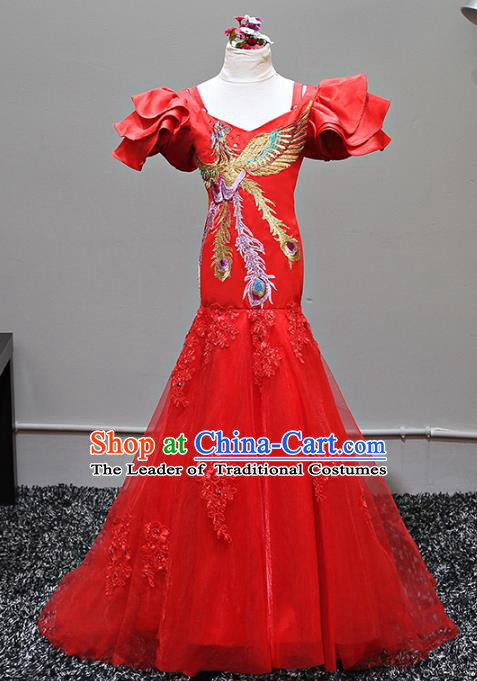 Top Grade Stage Performance Costumes China Style Catwalks Cheongsam Dress Modern Fancywork Full Dress for Kids