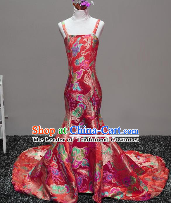 Top Grade Stage Performance Costumes Catwalks Red Brocade Trailing Dress Modern Fancywork Full Dress for Kids