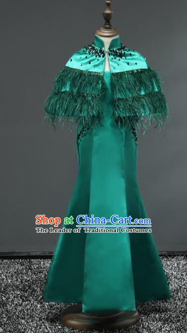 Top Grade Stage Performance Costumes Children Catwalks Green Dress Modern Fancywork Full Dress for Kids