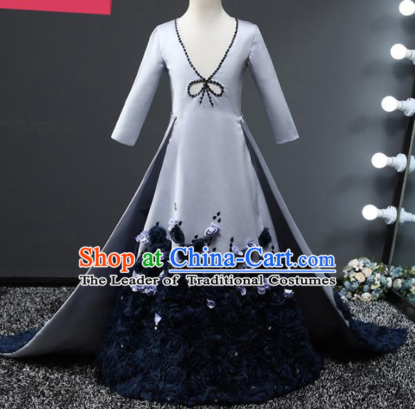 Top Grade Compere Stage Performance Costumes Children Catwalks Grey Trailing Dress Modern Fancywork Full Dress for Kids