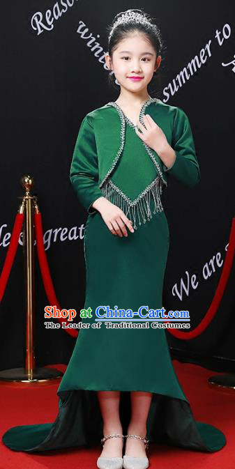 Top Grade Compere Costumes Children Stage Performance Green Trailing Dress Modern Fancywork Full Dress for Kids