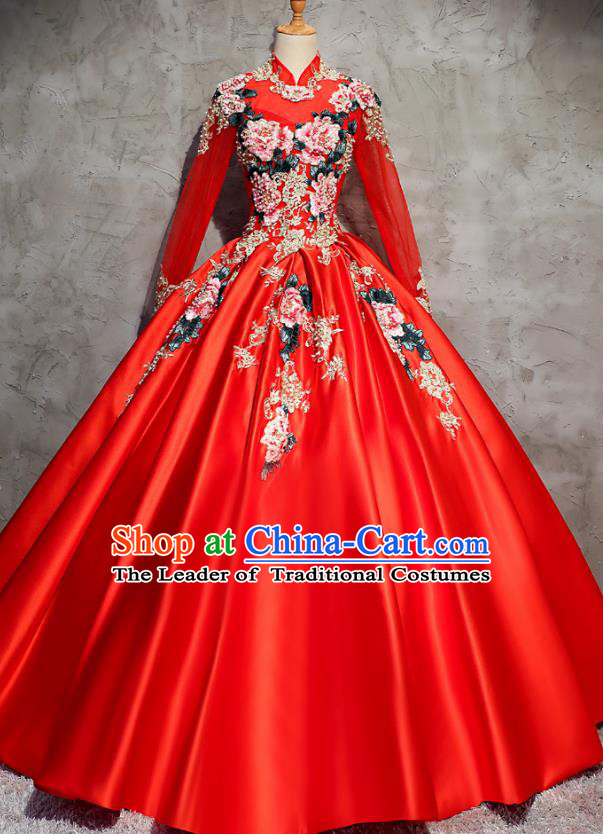 Top Grade Advanced Customization Red Embroidered Satin Dress Wedding Dress Compere Bridal Full Dress for Women