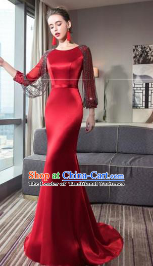 Top Grade Advanced Customization Red Satin Dress Wedding Dress Compere Bridal Full Dress for Women