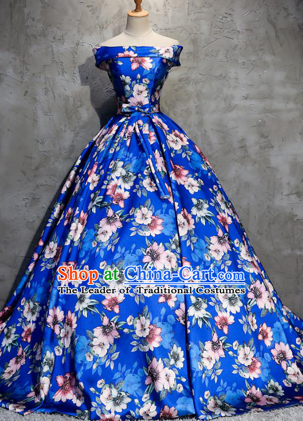 Top Grade Advanced Customization Evening Dress Printing Flowers Blue Trailing Wedding Dress Compere Bridal Full Dress for Women