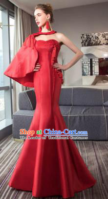 Top Grade Advanced Customization Single Shoulder Mermaid Evening Dress Red Satin Wedding Dress Compere Bridal Full Dress for Women