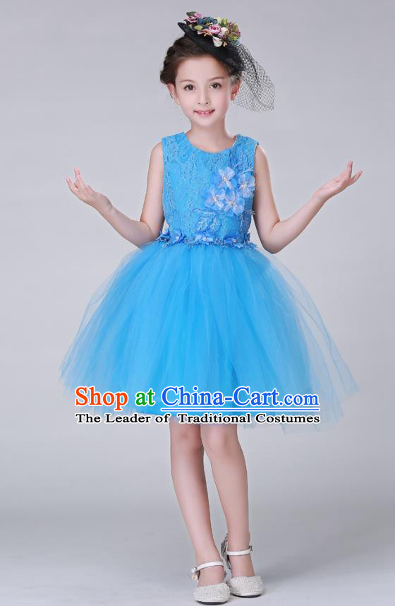 Top Grade Stage Performance Costumes Children Modern Dance Blue Bubble Dress Modern Fancywork Clothing for Kids