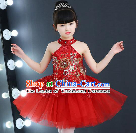 Top Grade Chorus Costumes Children Modern Dance Red Sequin Bubble Dress for Kids