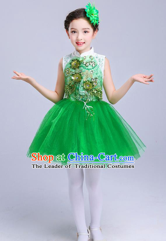 Top Grade Chorus Costumes Children Modern Dance Embroidered Paillette Green Bubble Dress for Kids