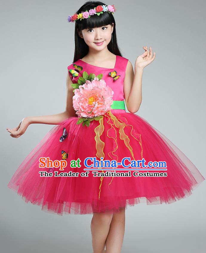 Top Grade Chorus Stage Performance Costumes Peony Flower Rosy Bubble Dress Children Modern Dance Clothing for Kids