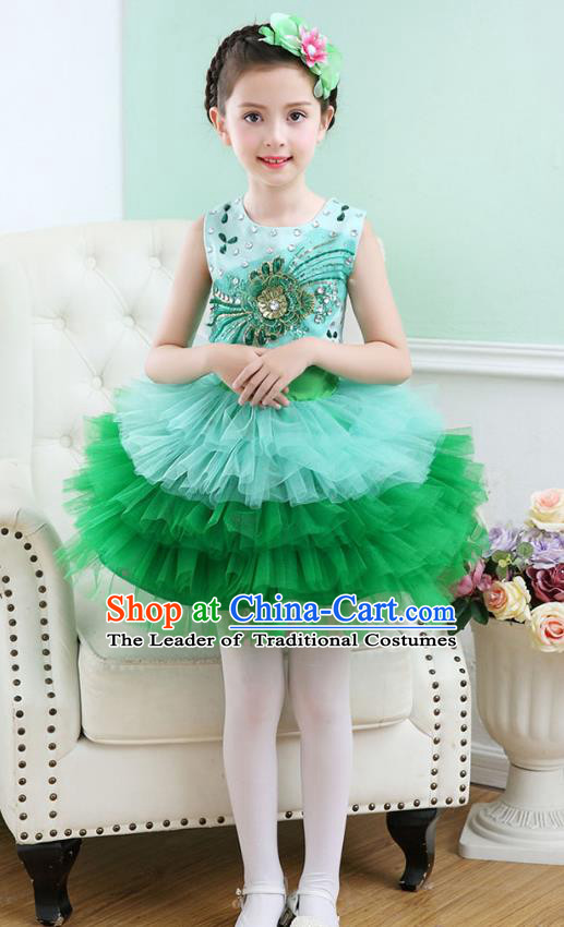 Top Grade Chorus Costumes Stage Performance Princess Crystal Green Bubble Dress Children Modern Dance Clothing for Kids