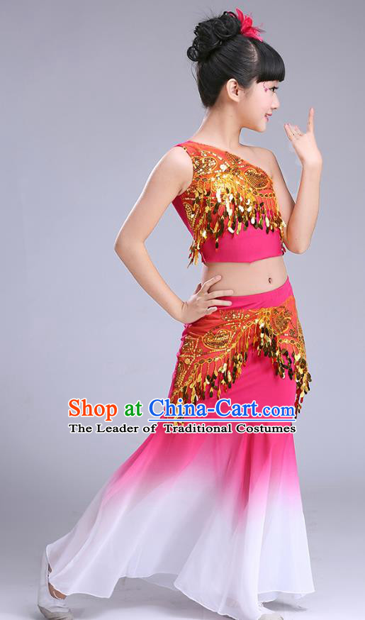 Chinese Traditional Folk Dance Costumes Pavane Dance Rosy Dress Children Classical Peacock Dance Clothing for Kids