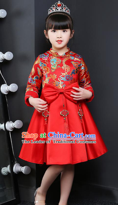 Chinese Traditional Folk Dance Red Cheongsam Fan Dance Costumes Children Classical Dance Yangko Clothing for Kids