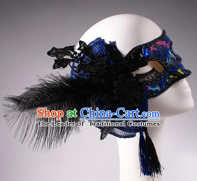 Halloween Fancy Ball Props Exaggerated Feather Blue Face Mask Stage Performance Accessories Christmas Mysterious Masks