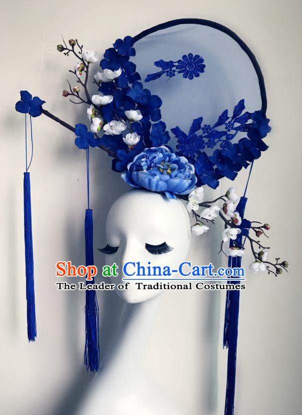 Top Grade Chinese Traditional Catwalks Hair Accessories Exaggerated Palace Blue Peony Flowers Headdress Halloween Modern Fancywork Headwear