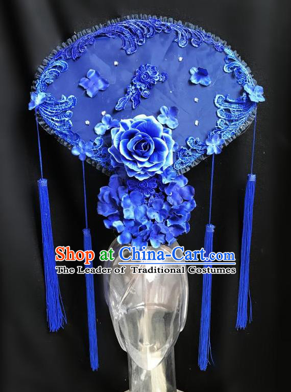 Top Grade Chinese Traditional Catwalks Hair Accessories Exaggerated Palace Blue Peony Fan-Shape Headdress Halloween Modern Fancywork Headwear