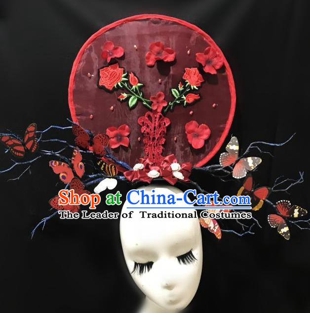 Top Grade Chinese Traditional Catwalks Hair Accessories Exaggerated Palace Pincess Red Butterfly Headdress Halloween Modern Fancywork Headwear