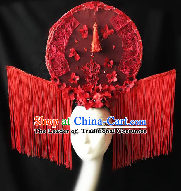 Top Grade Chinese Traditional Catwalks Hair Accessories Exaggerated Palace Pincess Red Lace Tassel Headdress Halloween Modern Fancywork Headwear