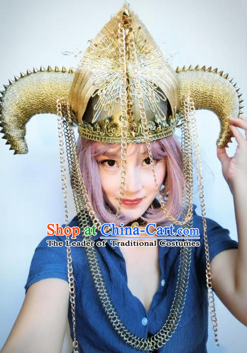 Top Grade Catwalks Tassel Hair Accessories Exaggerated Ox Horn Golden Hats Halloween Modern Fancywork Headwear