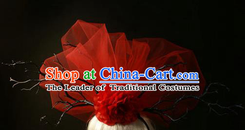 Top Grade Christmas Catwalks Hair Accessories Halloween Stage Performance Red Veil Hair Clasp Modern Fancywork Headwear