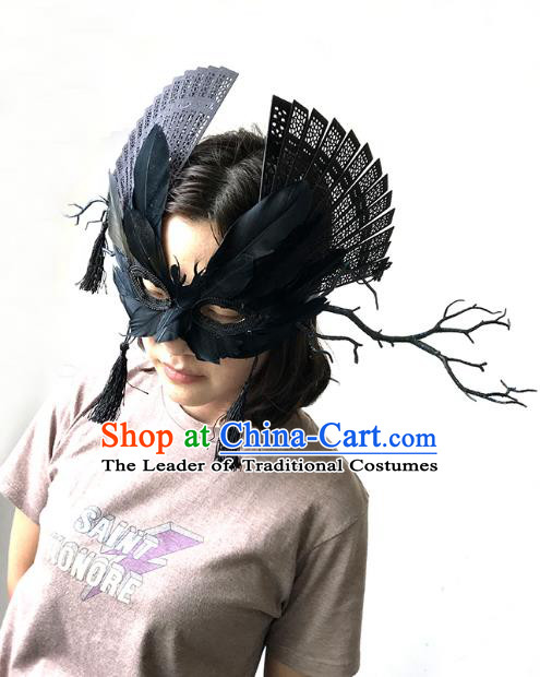 Halloween Venice Exaggerated Black Feather Face Mask Fancy Ball Props Catwalks Accessories Christmas Masks