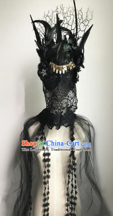 Halloween Catwalks Venice Black Feather Lace Face Mask Fancy Ball Props Accessories Christmas Exaggerated Masks