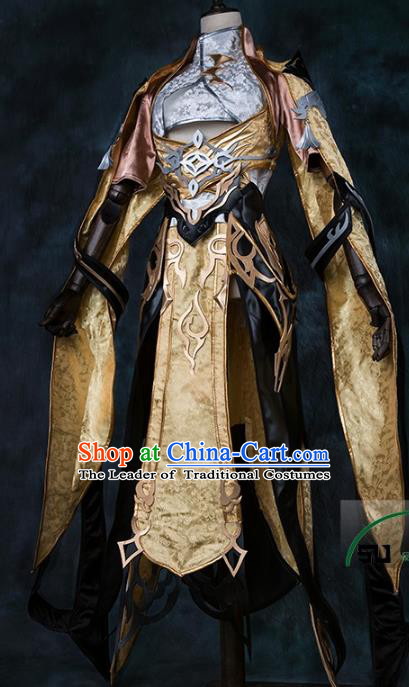 China Ancient Cosplay Female General Knight-errant Golden Costumes Chinese Traditional Swordsman Clothing for Women