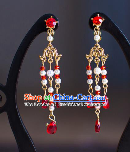 Chinese Ancient Bride Classical Accessories Red Beads Earrings Wedding Jewelry Hanfu Eardrop for Women