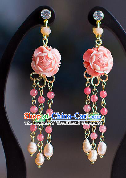 Chinese Ancient Bride Classical Accessories Pink Peony Earrings Wedding Jewelry Hanfu Eardrop for Women