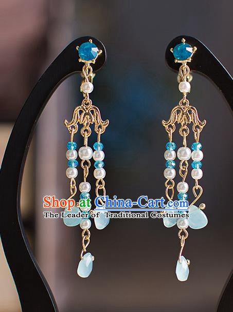 Chinese Ancient Bride Classical Accessories Earrings Wedding Jewelry Hanfu Blue Eardrop for Women