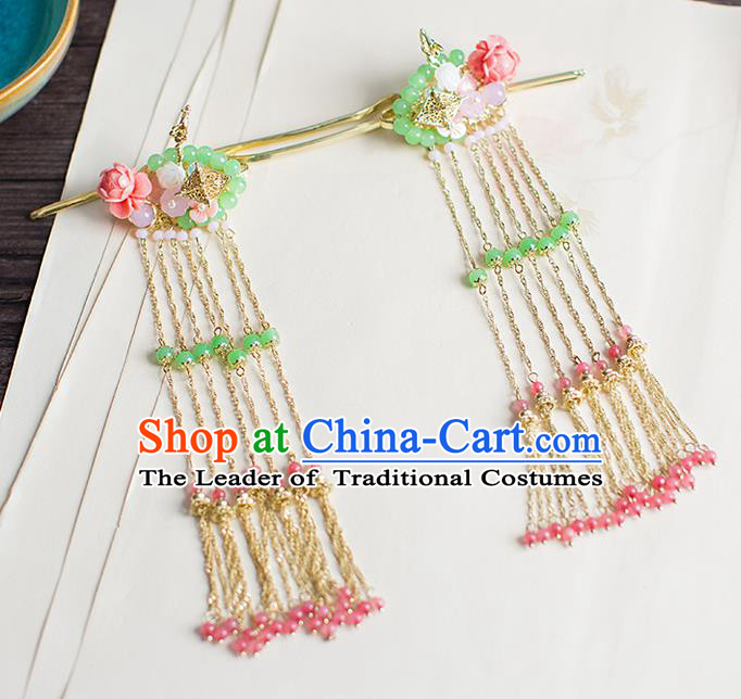 Chinese Traditional Palace Hair Accessories Xiuhe Suit Green Beads Hair Clips Ancient Hairpins for Women