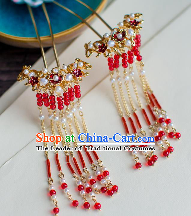 Chinese Traditional Palace Hair Accessories Xiuhe Suit Red Tassel Hair Clips Ancient Hairpins for Women