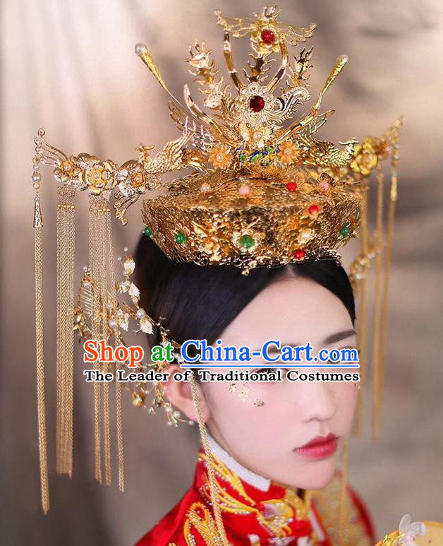 Chinese Traditional Wedding Hair Accessories Ancient Empress Phoenix Coronet Hairpins Step Shake for Women