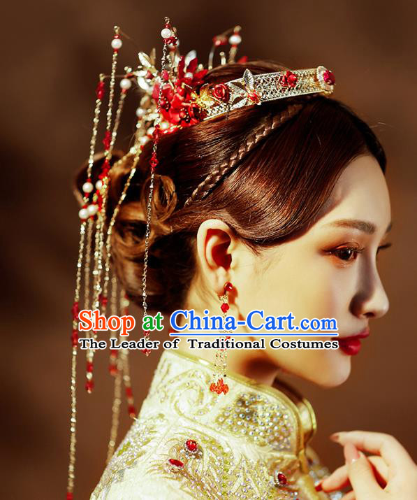 Chinese Traditional Palace Hair Accessories Wedding Red Flowers Phoenix Coronet Ancient Xiuhe Suit Hairpins Complete Set for Women