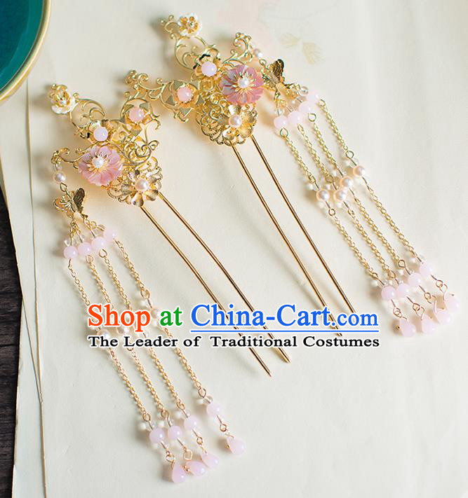 Chinese Traditional Palace Hair Accessories Golden Tassel Hair Clips Ancient Xiuhe Suit Hairpins for Women