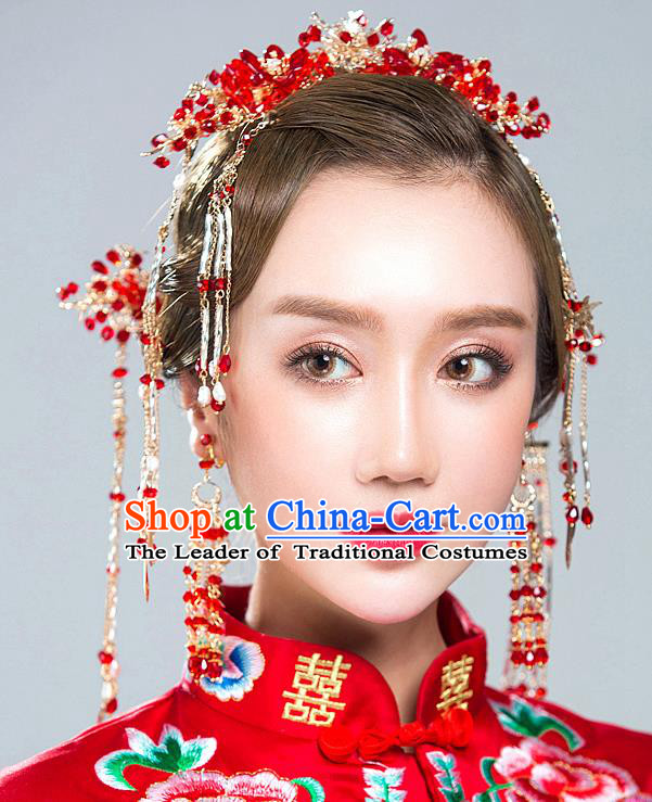 Chinese Traditional Palace Hair Accessories Xiuhe Suit Red Beads Phoenix Coronet Ancient Hairpins Complete Set for Women