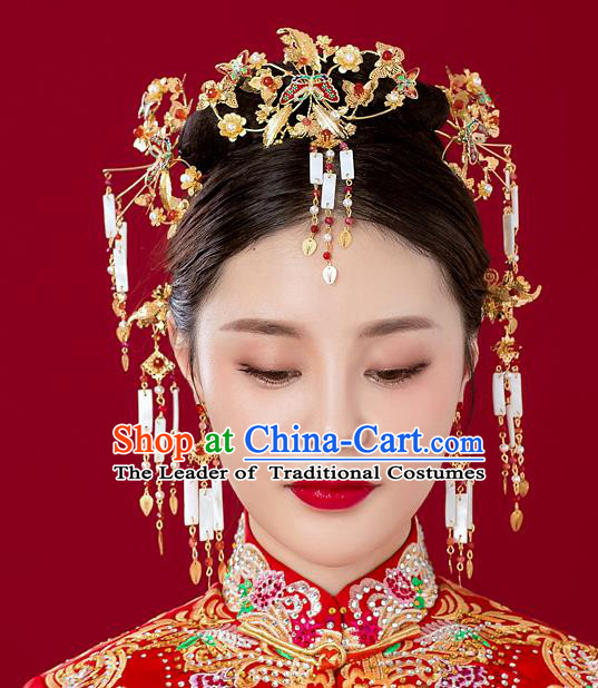 Chinese Traditional Palace Hair Accessories Xiuhe Suit Phoenix Coronet Ancient Jade Tassel Hairpins Complete Set for Women