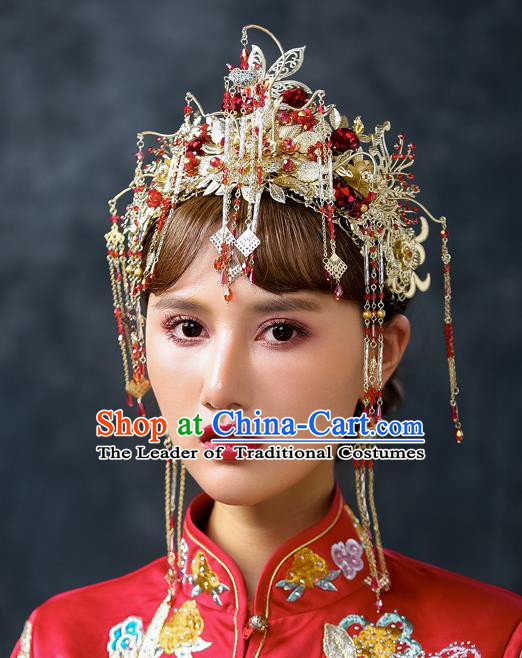 Chinese Traditional Palace Hair Accessories Xiuhe Suit Phoenix Coronet Ancient Tassel Hairpins Complete Set for Women