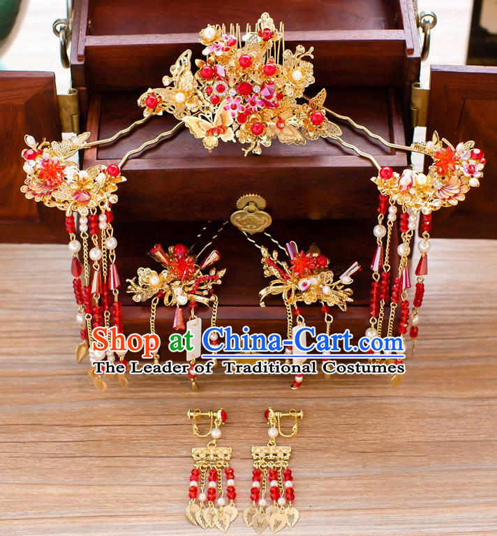 Chinese Traditional Palace Hair Accessories Xiuhe Suit Red Hair Comb Ancient Hairpins Complete Set for Women