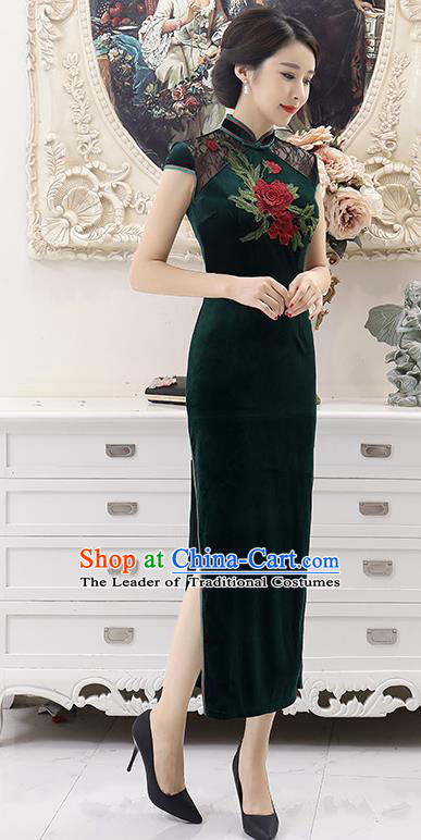 Top Grade Chinese National Costume Green Pleuche Qipao Dress Traditional Lace Cheongsam for Women