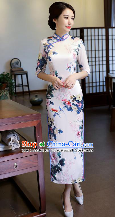 Chinese National Costume Handmade Printing White Silk Qipao Dress Traditional Cheongsam for Women