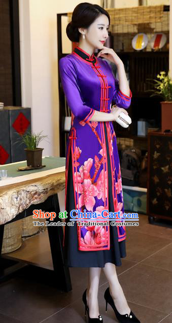 Chinese National Costume Handmade Qipao Dress Traditional Printing Blue Tang Suit Cheongsam for Women