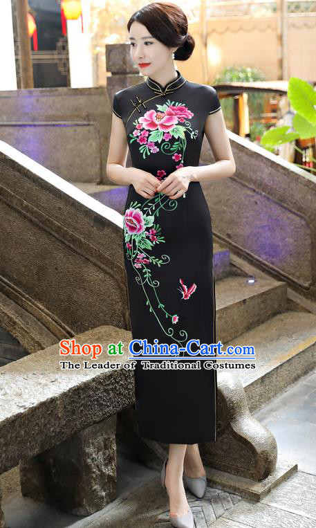 Chinese National Costume Tang Suit Silk Qipao Dress Traditional Printing Peony Black Cheongsam for Women